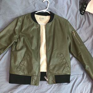 Olive green leather zip up jacket